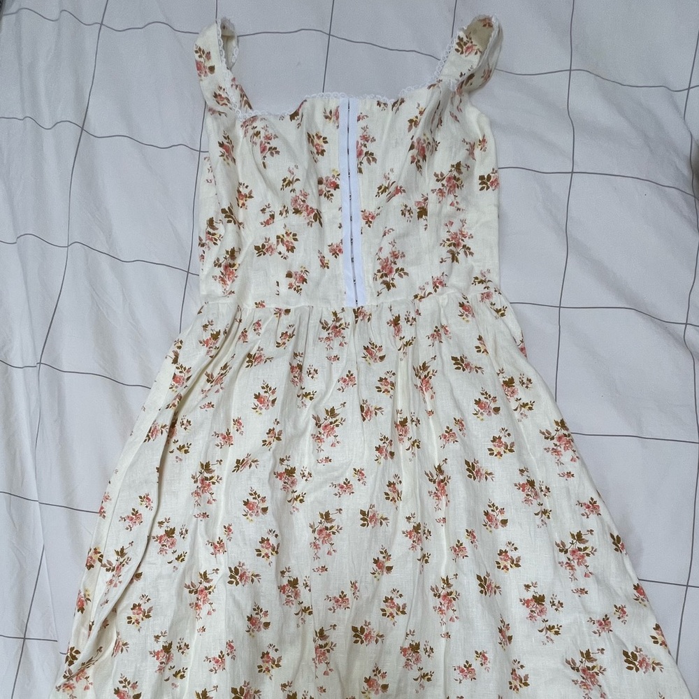 Reformation Tagliatelle linen midi dress • beige & pink floral pattern, size 8